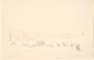 Koeien op de weide, op de achtergrond Tagens Molen door P.C. Skovgaard