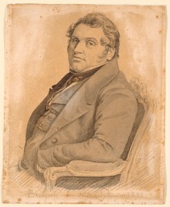 Portret van een zittende, corpulente man in halve figuur, driekwart profiel naar links door P.C. Skovgaard