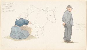 Studieblad met meisje dat een koe melkt, rechts een staande boer