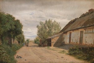 De buitenwijken van het dorp Vejby. Langs de weg de schilder J.Th. Lundbye aan het schetsen door P.C. Skovgaard
