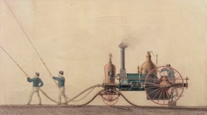 De eerste stoombrandweerwagen gebruikt in de Verenigde Staten in 1841 door P.R. Hodge