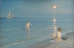 Jongens baden in Skagen. Zomeravond