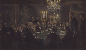 Compositieschets voor "Een bijeenkomst in de Academie van Wetenschappen" in de Academie van Wetenschappen door Peder Severin Krøyer