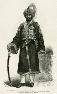 Jang Bahadur (1816-1877), premier van Nepal. Gravure door P.Sellier ter illustratie van het verhaal Voyage au Nepal, door Dr. Gustave Le Bon (1841-1931), in le tour du monde 1886, geregisseerd door Edouard Charton (1807-1890), Hachette, Parijs. door P. (after) Sellier