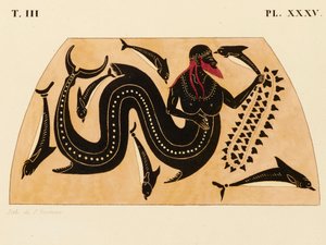 Afbeelding van de decoratie op een Griekse amphora, met Poseidon vergezeld door dolfijnen, ca. 1858 door P. Bineteau