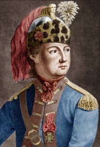 Ridder van Eon (1728-1810), Franse geheime agent voor de koning, hij kleedde zich vaak als vrouw, ingekleurde gravure door P. Jean Baptiste Bradel