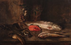 Een Stilleven van Vis met een Karper, Meerval, Zalm, Rode Mul, Paling en Schol op een Tafelblad met Hangende Knoflook en Sjalotten, dode vis, c.1775-1800