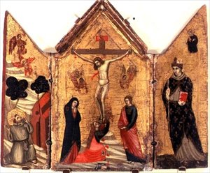 Kruisiging Drieluik met St. Franciscus die de Stigmata Ontvangt en St. Benedictus