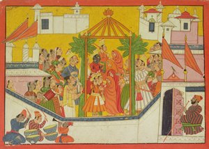 Het huwelijk van Rama en zijn broers, uit de Sangri Ramayana door Pahari School