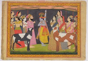 Krishna tilt de berg Govardhana op, uit de Bhagavata purana door Pahari School