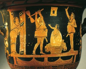 Apulische krater met scène van theater, karikatuur van geboorte van Helena in ei, toegeschreven aan schilder uit Dijon, roodfigurig aardewerk, Detail, uit Bari, Apulië, Italië, Oude Griekse beschaving, Magna Graecia, 4e eeuw v.Chr. door Painter Dijon
