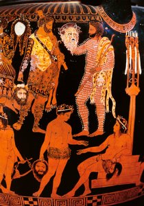 Roodfiguren voluutkrater met een acteur die zijn masker vasthoudt, uit Ruvo, ca. 410 v.Chr. door Painter Pronomos