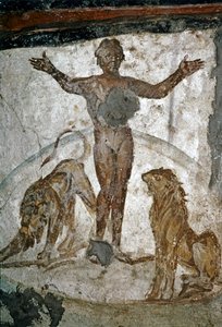 VROEGCHRISTELIJKE KUNST: Catacombe. Daniël in het hol van de leeuw, 4e eeuw (fresco)