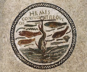 Mozaïek met anker omringd door vissen, symbool van Christus en zijn volgelingen, Catacomben van Sousse, Tunesië, vroegchristelijke periode, 4e eeuw