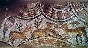 Paleochristelijke kunst: fragment van kerkmozaïeken: herten en herten die water drinken. 6e eeuw na Christus. Uit Carthago, Bir Ftouha, Tunesië. Parijs, Louvre Museum