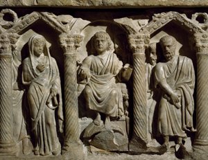 Vroegchristelijke sarcofaag ook bekend als Sarcofaag van de Zalige Giles, marmer, Oratorium van San Bernardino, Perugia, Umbrië, (detail), Italië, 4e eeuw