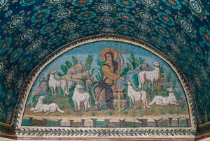 Goede herder. Mozaïek van de boog boven de toegangsdeur van het Mausoleum van Galla Placidia, ca.425 (mozaïek)