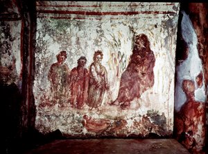 Vroegchristelijke kunst: Mozes gered uit het water. Fresco, 4e eeuw na Chr. Catacombe van Via Latina in Rome