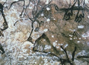 Gewonde stier, rots schildering, Magdalénien (grotschildering) door Paleolithic Paleolithic