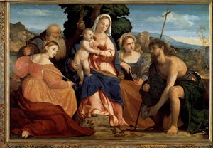 Maagd met kind met St. Catharina en St. Celestine (links) en Johannes de Doper en Barbara (rechts) door Palma Il Giovane