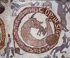 Voorstelling van de Leviathan in de vorm van een krokodil die Satan belichaamt en een haas in zijn mond houdt die de mens voorstelt