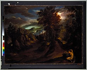 Een bebost berglandschap met slapende Antiope door Paolo (1540 96) Fiammingo