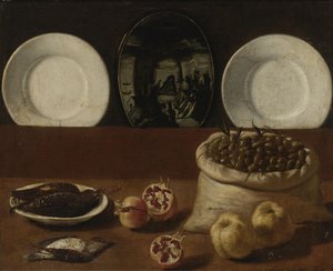 Stilleven met borden, een zak gevuld met olijven, wild, granaatappels en kweepeer door Paolo Antonio Barbieri