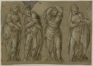 Vier staande gedrapeerde vrouwenfiguren door Paolo Farinati