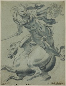 Perseus houdt het hoofd van Medusa vast, met Pegasus op de achtergrond door Paolo Farinati