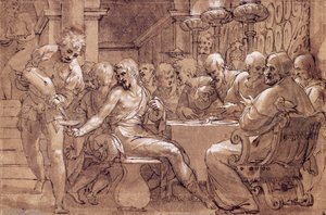 Het avondmaal van Sint-Gregorius, tekening door Paolo Farinati (1524-1606), grijs-bruine aquarel, pen, wit lood en zwart potlood, Italië