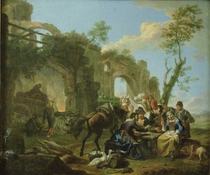 Ruiters rustend tussen klassieke ruïnes met een waarzegster