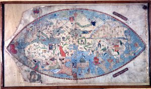 Wereldkaart van Paolo Toscanelli (1397 - 1497). 1457. Deze kaart vertegenwoordigt het Europese beeld van de aarde vóór de ontdekking van de grote continenten. Biblioteca Nazionale Florence
