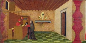 Predella van de Profanatie van de Hostie: De Christelijke Vrouw Gedwongen om haar Mantel te Verlossen tegen de Prijs van de Geconsacreerde Hostie door een Joodse Pandjesbaas (detail) door Paolo Uccello