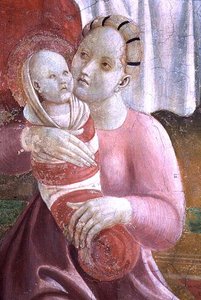 Het leven van de Maagd en St. Stefanus, detail met een moeder en kind, uit de Cappella dell
