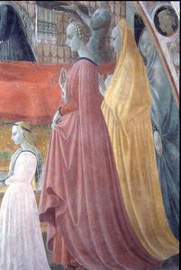 De geboorte van de Maagd, (detail) die de vrouwen van de familie van de schenker uit de Kapel van de Hemelvaart afbeeldt door Paolo Uccello