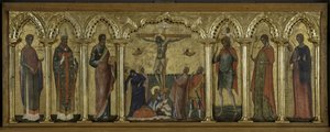 St. Stratonicus, St. Hermolaus, St. Matthew, St. Cristopher, St. Thecla en St. Abundius, Polyptych van de Kruisiging met Heiligen door Paolo Veneziano