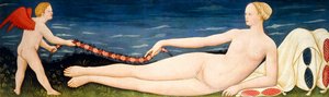 Venus op Kussens met een Bloemenkrans en een Putto