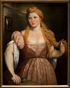 Portret van een jonge vrouw door Paris Bordone