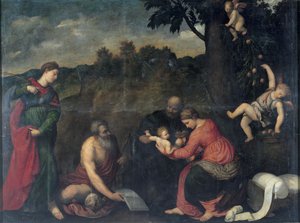 De Heilige Familie met heiligen Hiëronymus, Catharina van Alexandrië en engelen door Paris Bordone