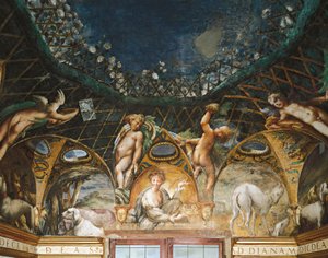 Ceres bij evenementen omringd door jachthonden en cherubijnen, uit Mythe van Diana en Actaeon door Parmigianino