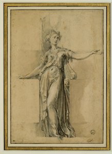 Een canephore. Bruine inkt, zwarte steen, gouache op beige papier ... door Parmigianino (1503-40)