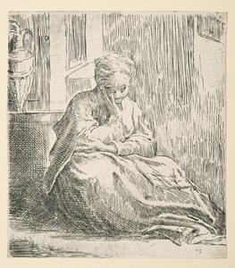 Vrouw zittend op de grond, bekend als Sint Thais (ets) door Parmigianino