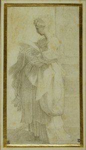 Staand figuur van een meisje met omvangrijke draperieën door Parmigianino 