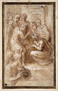 Aanbidding van de Heilige Familie in een interieur