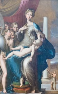 Madonna en kind met engelen, bekend als Madonna van de lange nek