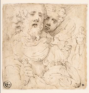 Studie van gezichten en een staande figuur (verso)
