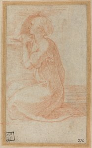 Knielende vrouw die haar hand naar haar hoofd heft door Parmigianino