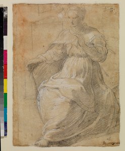 Vrouw met een spinrokken door Parmigianino