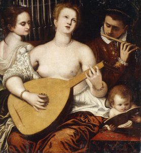 Twee meisjes en een jongeman die muziek maken door Parrasio Micheli