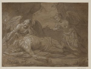 De dode Christus betreurd door twee engelen